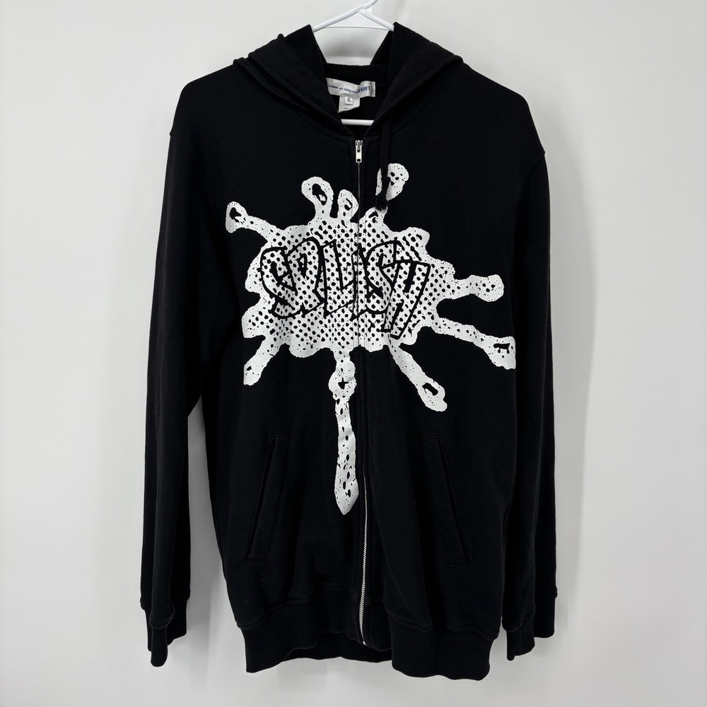 Comme Des Garcons Shirt Zip Up Hoodie Black Mens Size XL SPLASH Logo